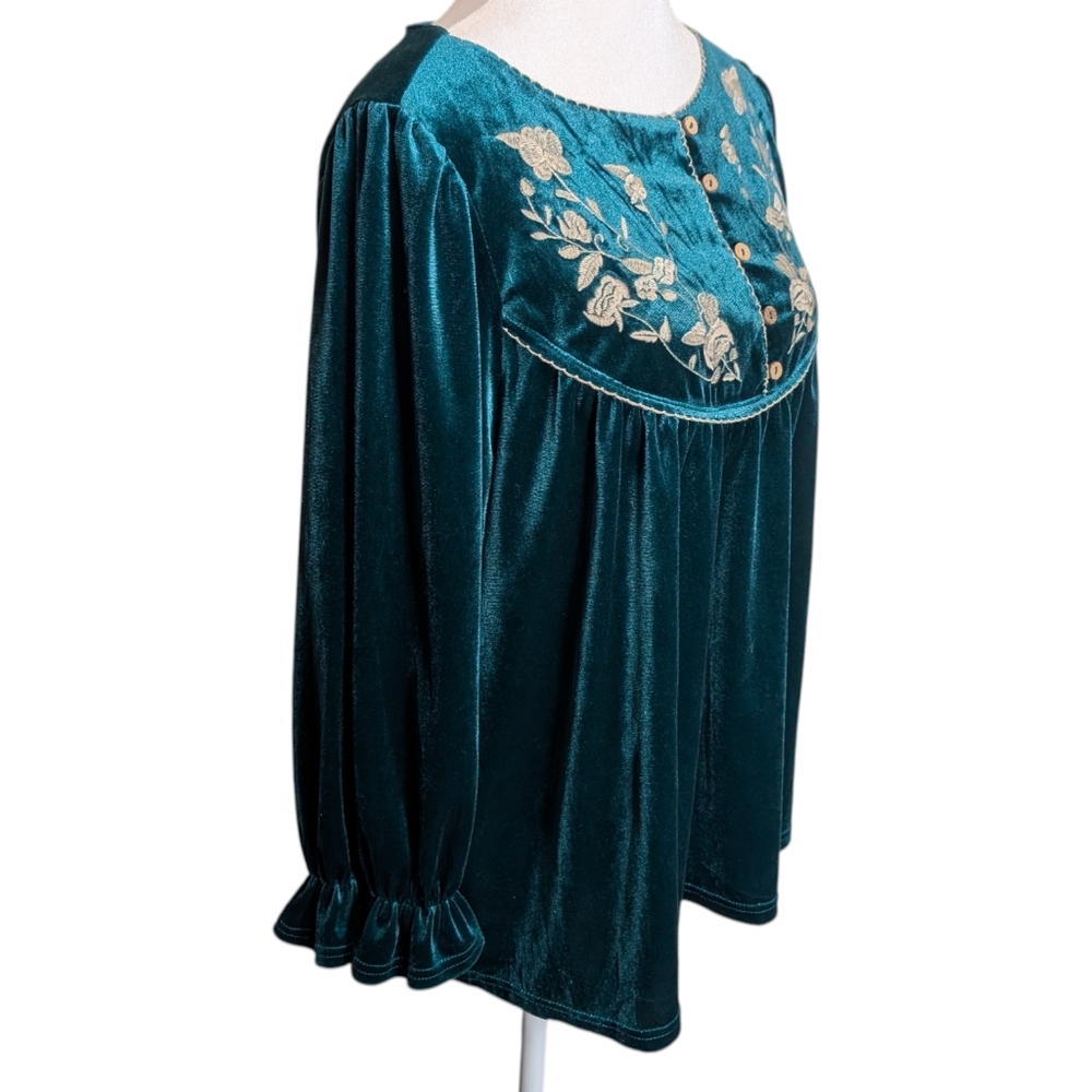 Umgee Emerald Green Velvet Peasant Boho Long Sleeve Blouse Women's Size Small - Picture 4 of 8